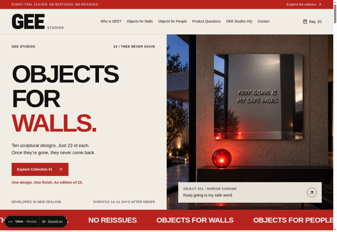 G Studios homepage with sculptural wall editions and bold typography